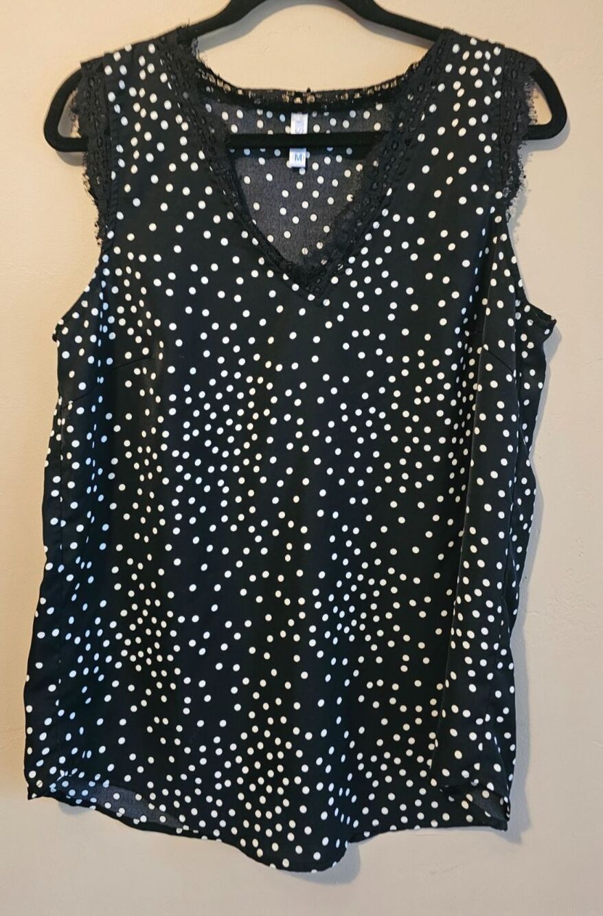 VIISHOW women's  Black with white polka dots with Lace Trim V-Neck sz Med